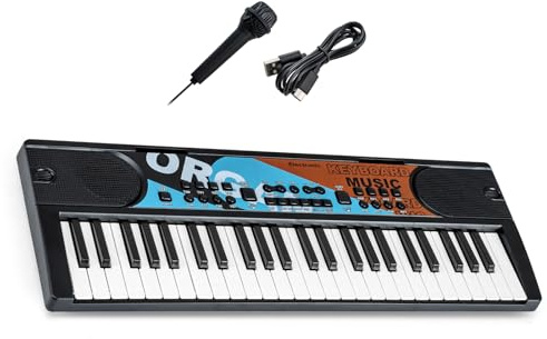 KOMFOTTEU Pianoforte Digitale a 49 Tasti, Alimentatore Dual Mode, con 8 Ritmi, 8 Timbri e 10 Demo, Tastiera Elettronica con Microfono, Pianola Portatile per Bambini e Ragazzi 3+ Anni (Nero)