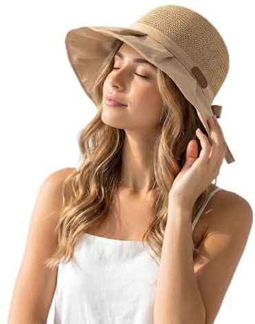 Sun Hats for Women UK, Bucket Sun Hat with Wide Brim, Women's Sunhats for Camping, Comfortable and Versatile Ladies Sunhat with Bowknot, Summer Packable Hats for Women Outdoor UV Protection (Khaki)