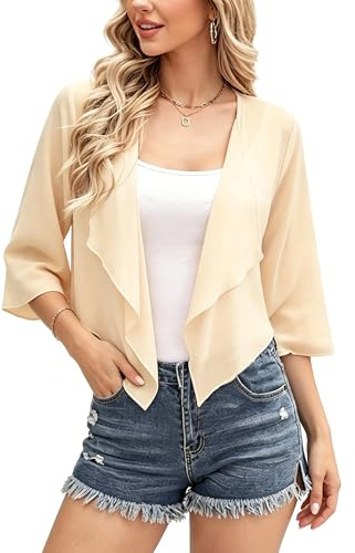 Vossmi Elegante Chiffon Coprispalle da Donna Casual Cardigan Corta Maniche Giacca Leggero Bluse Top per Spiaggia Bikini Cover Up Copricostume Mare Estivo Champagne,M