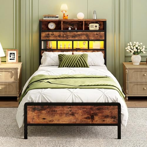 IRONCK Single Bed Frame with Storage Headboard, 3-Tier Shelves, 90x190 cm | Ambient LED Lights, Charging Station ( 2 UK Sockets + USB-A & USB-C Ports), Underbed Space,3ft Metal Bed Bedroom, Home