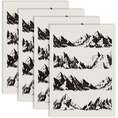 PRESSINART 4 láminas de Papel de Transferencia de Calcomanías Cerámicas de 21 x 15 Pulgadas con Patrón Negro de Montañas para Cerámica, Calcomanías de Esmalte Deslizante para Manualidades de Arcilla