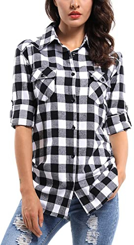 OCHENTA Women's Roll Up Sleeve Button Down Plaid Flannel Shirt Fall Casual Tops D055 Black White S
