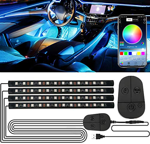 Luz Interior Coche, RGB Tiras LED con App y Controlador, Impermeable 48 LED Luces para Coche, Multi DIY Color Música Iluminación de Coches, Adhesivo Fuerte Luz de Ambiente de Auto, 5V USB Puerto