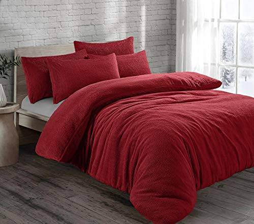 EXQUIZIT HOME® Teddy Fleece Duvet Cover Set – Super Soft Teddy Bear Fleece Bedding Set with Pillowcases – Warm Cosy Winter Fleece Quilt Cover (Red Double 200cm x 200cm Approximate)