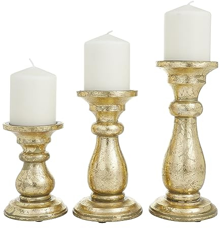 Deco 79 Mango Wood Decorative Candle Holder Turned Style Pillar Candle Stand, Set of 3 Candlestick Holder 10, 8, 6H, Gold