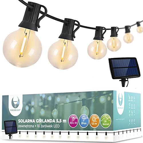 Forever catena luminosa a ghirlanda solare lunga 5,5m 10 lampadine Edison a filamento trasparente IP44 con pannello solare, 4 modalità di luce variabile, sensore crepuscolare, luce forte, bianco caldo