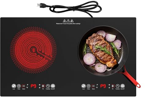 Cocina eléctrica de 2 quemadores de 24 pulgadas, estufa eléctrica de 110 V, quemador de infrarrojos de doble quemador integrado de 2200 W, compatible con todos los utensilios de cocina, múltiples