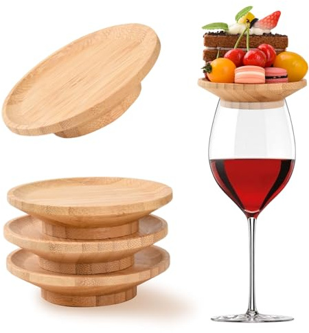 MGYHWJA 4 Pcs Wine Glass Charcuterie Topper, Bamboo Wine Glass Board Topper Coasters, Appetizer Plates Desserts, Family Gatherings, Restaurants, Bars