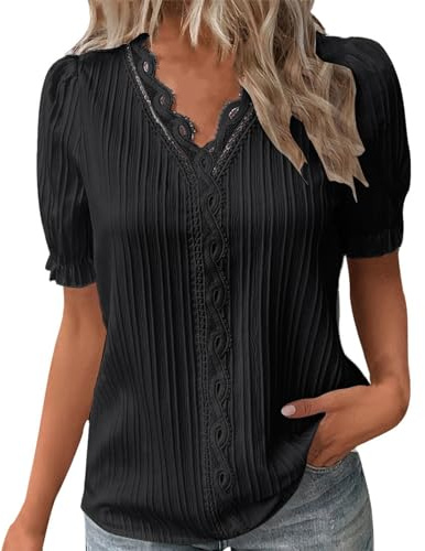 Tee Shirt Femme Col V Dentelle Tunique Femme Grande Taille été Léger Chemise Femme Chic Et élégant Manche Courte Blouse Top Haut Femme Ete Fluide Pas Cher Fashion Soiree