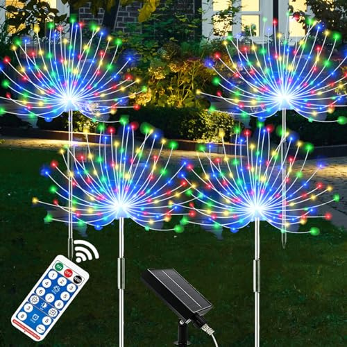 XRR Luces Solares Exterior Jardin, 4 Piezas 120 LED Solares Fuegos Artificiales Luces impermeable 8 Modos Luz Solar Exterior para caminos de césped, terraza(Multicolor)