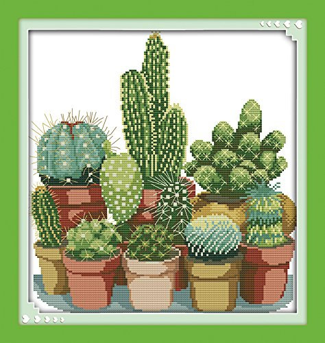 Joy Sunday Kit per Ricamo a Punto Croce con Disegno Stampato, Completo di Filo e Ago - Ideale per Bambini e Principianti-Cactus, 43 Cm X 45 Cm