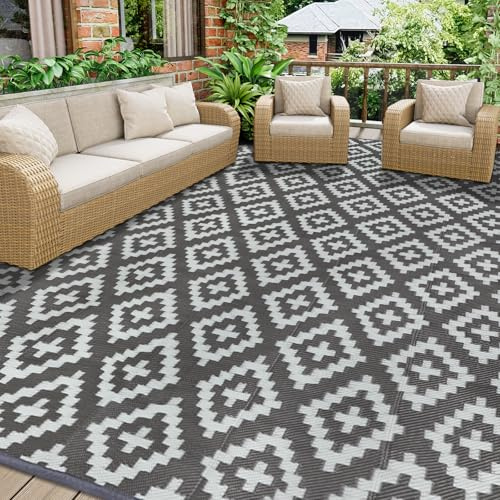Homcomodar Tapis d'extérieur Réversible 270x365cm Tapis Paille de Plastique Recyclé Résistant Tapis Extérieur aux UV pour Terrasse Plage Barbecue Pique Nique Terrasse Balcon,Gris