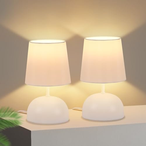 ZMH Nachttischlampe 2er Set Tischlampe mit Kabel - Tischleuchte Weiß Stoff Nachtlampe Modern Schlafzimmer Bettlampe Design Klein Schreibtischlampe für Wohnzimmer Büro Bett Tisch Fenster Hotel