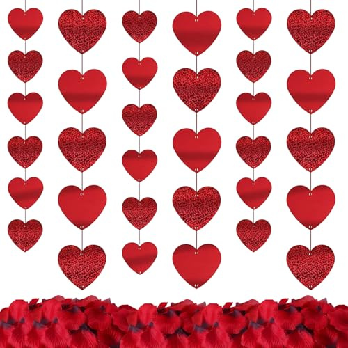 CaiTang 6 Pezzi Decorazioni Pendenti Cuore, Ghirlanda di Cuore Rosso, 1000 Petali di Rosa per san valentino decorazione, Ghirlanda Cuori Rossi Glitter Cuore Banner per San Valentino Decorazione, 6*2M