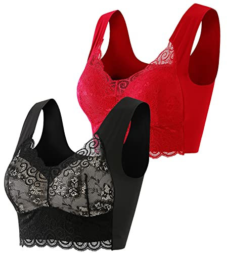 Guhmomh BH Damen ohne Bügel 2er Pack Push up Damen-BHS Sport BH Spitze Bustier Bralette Bequemer Seamless Crop Tops Große Größen Klassischer BH Ultrakomfortable Bra Top Rot Schwarz 4XL