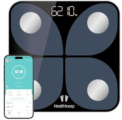 Körperfettwaage Digital mit App – Bluetooth Smart Personenwaage, Digitale Waage für Körperfett, BMI, Muskelmasse, Protein, BMR, Testsieger, 26x26 cm