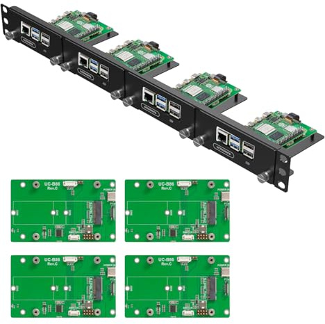 UCTRONICS 1U Rack-Halterung für Raspberry Pi 5, 48,3 cm (19 Zoll) Server-Rack mit 4 PCIe auf M.2 NVME SSD-Adaptern, unterstützt bis zu 4 Pi 5