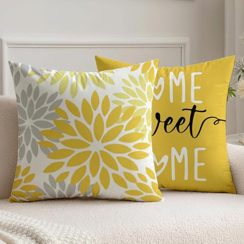 Vorysum Funda Cojin 40x40 cm Juego de 2 Dalias Exterior Fundas de Cojines Amarillo Terciopelo Funda Cojin Decorativas Verano Modernas para Cama Decoración Sofás Sala de Estar Dormitorio Jardín