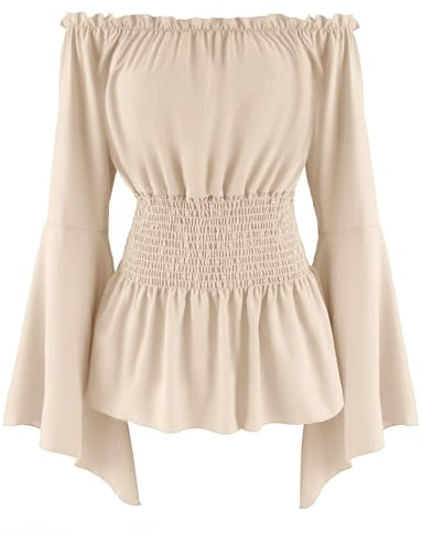 Maeau Medeltida toppar för kvinnor vintage axellös volangblus trumpetärmar skjortor topp gotiska toppar S–XXL, Beige, XXL
