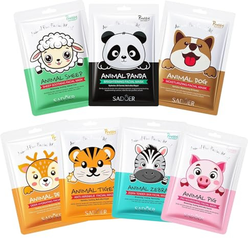 7 Pezzi Maschera Viso Idratante con Stampe Animalier, Maschera Viso Bambina, Adatto a Tutti i Tipi di Pelle, Idee regalo per ragazze e donne adolescenti
