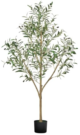VEVOR 5FT Artificial Olive Tree with Black Pot, Tall Fake Tree with Natural Wood Trunk & Realistic Green Leaves and Fruits, Indoor Faux Plant for Home, Office, Living Room, Corner Decor