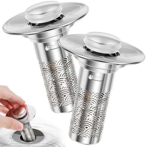 2 tappi per lavandino con colino in acciaio inox pop up, filtro di scarico One Touch, per scarichi da 28 a 35 mm