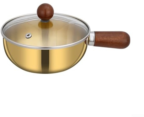 Honseadek Casserole à lait en acier inoxydable, casserole à fond plat, bol à nouilles dorées, poêle de cuisson avec poignée en bois, compatible avec les cuisinières électriques à gaz à induction (16