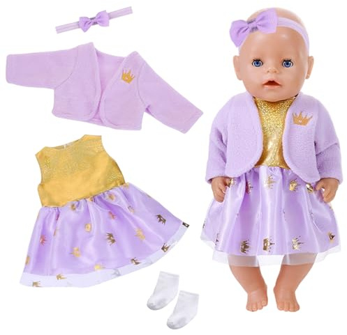 Baby Doll Clothes for 14-18 Inch Baby Doll, Baby New Doll Clothes Outfits 30-43cm Accessories with 1 Crown Coat 1 Dress 1 Pair of Socks 1 Hairband New Born Baby Dolls for Girls Birthday Gifts