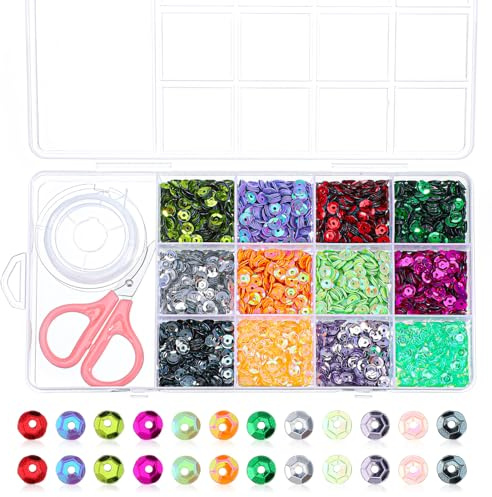 Larrel 8000 Stück Pailletten zum Basteln, 5,5 mm Lose Pailletten in 12 Farben Runde Paillettens mit Schere und Spule Garn Glitzer Bügelperlen für DIY Bastelarbeiten Nähen Hochzeiten Weihnachten