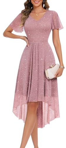 BeryLove Womens Prom Dress Evening Sparkly Glitter V-Neck Formal Cocktail Dress Aline Midi Evening 2026 Short Sleeve Dress 0041 Blush 2XL