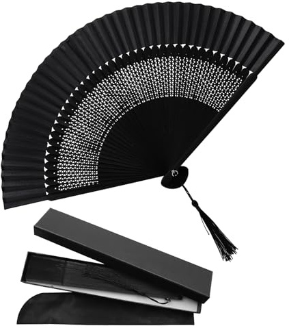 WestCH Abanico Negro de Tela y Bambú,Abanico Plegable de Mano Clásico Chino con Borlas para Baile,Cosplay,Boda,Fiesta,Decoración del Hogar,Decoración de Bricolaje