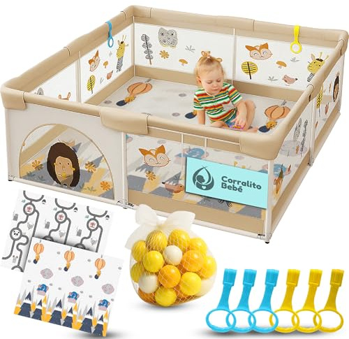 Parque Infantil Bebe + Alfombra Bebe + 60 Bolas + Agarraderas + Bolsas de Transporte – Corralito Bebe con Malla Transpirable – Parque de Juegos Bebe – Playpen Bebe (150x180 cm)