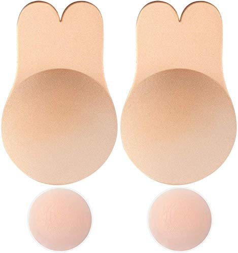 Memoryee Push Up Adhésif Silicone Invisible Rabbit Bra pour Les Femmes de Soutien-Gorge de Levage réutilisable tétines Couverture mamelon/Beige-1Pair/XXL(F/G Cup)