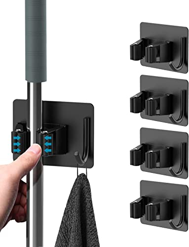 homeasy Mop Broom Holder, 4 Pcs Stainless Steel Self Adhesive Mop Holder Wall Mounted with Hooks Hanger Self-Adhesive Broom Holder for Bathroom, Kitchen, Office, Closet, Garden Garage(Black)