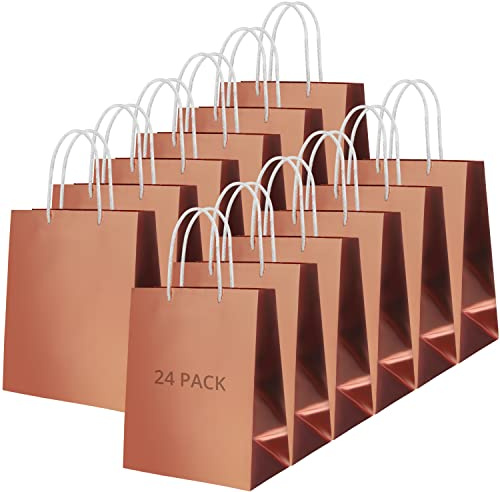 Belle Vous Sacchetti Regalo Carta Stagnola Oro Rosa con Manici Intrecciati Bianchi (24pz) - A23,2 x L20 cm - Sacchetti Carta con Manici per Compleanno, Matrimoni e Shopping - Buste Carta con Manico