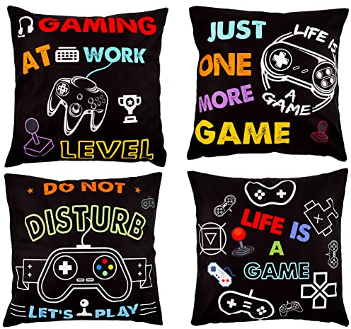SOSPIRO 4 Pack Video Game Throw Pillow Cover 18 x 18 Inch Gaming Cushion Cover Gamer Controller Pillow Cover Pillowcase Decorative for Gaming Fan Video Game Themed Party Sofa Bedroom Home Decor