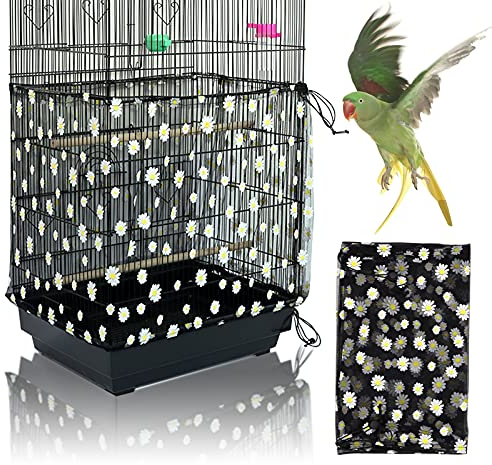 Mngren Einstellbar Vogelkäfig Abdeckung, Vogelkäfig Samenfänger, Papageien Kordelzug Vogelfutter Kleintiere Netz, Abdeckung Rock Bewachen für Runde Quadratische Käfige(Schwarze, Gänseblümchen)