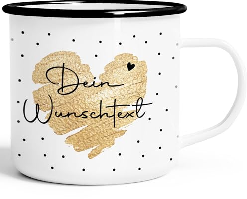 SpecialMe® Emaille-Tasse Herz Punkte Dein Wunschtext personalisierbar Becher Emaille personalisierte Geschenke Personalsiert weiß-schwarz Emailletasse