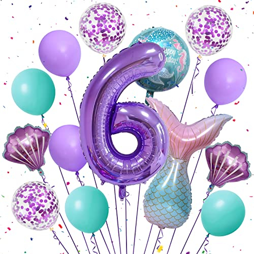 Mermaid Balloons Mermaid Party Decorations, Mermaid Tail Balloon 40 Inch Number 6 Foil Balloon purple 18 Mermaid Foil Balloons Set, for Girls 6th Birthday Decorations Mermaid Party Supplies