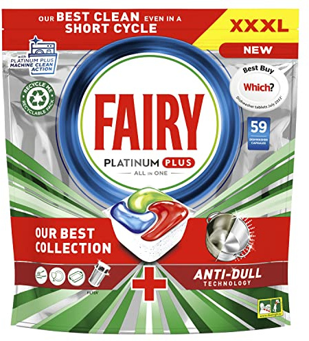 Fairy Platinum Plus All-In-1 Dishwasher Tablets Bulk, 59 Tablets, With Anti-Dull Technology & Rinse Aid Action