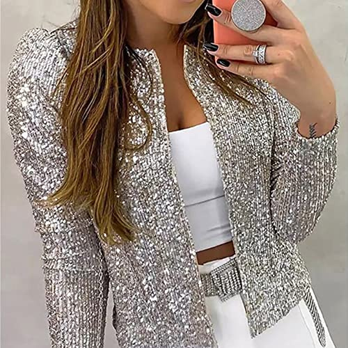 Casual Female Jacket Coat Full Sequins Open Front Jacket Womens Shiny Party Tops Cardigan