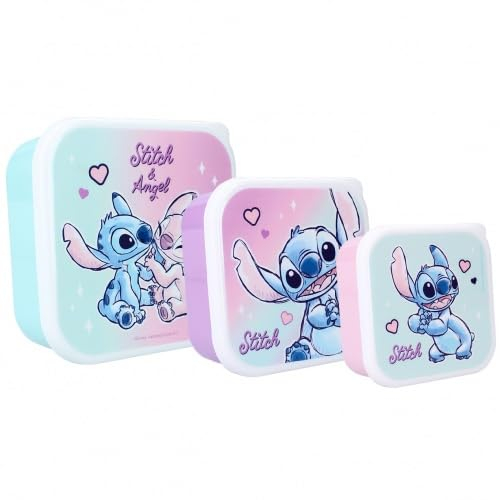 Lilo & Stitch Snackbox (3in1) Snack Box – Set mit 3 ineinandergreifenden Brotdosen – Brotdose für Snacks, Schule, Kindergarten, Sport