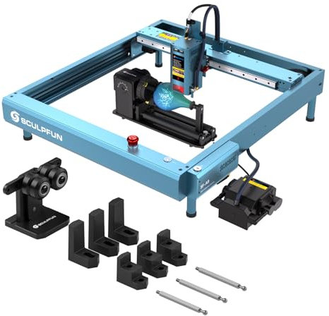 SCULPFUN SF-A9 20W La-ser Engraver with RA Pro Max Rotary Roller, Engraving Machine Cutter with Air Assist, Integrated Metal Frame Rapid Assembly, 36000mm/min High-Speed, Adjustable Height