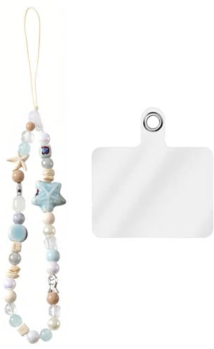 KGDUYC 1 x Cadena del teléfono móvil con encanto de estrella de mar bohemio en azul. Compatible con la mayoría de los teléfonos inteligentes, funciona como llavero y correa de muñeca.