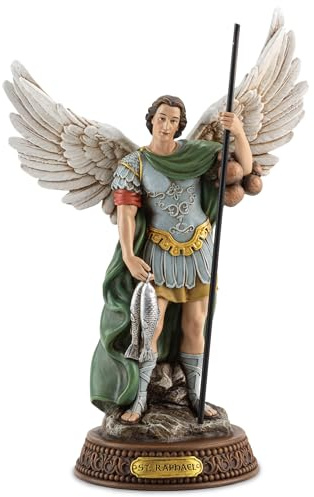 DevotedWalls 10.2H Saint Raphael Statue Painted in Full Color, Angel St. Raphael with Name Plate on Base,Travel Protection Patron Archangel Saint St. Rafael, Estatua del Arcángel San Rafael Figurine