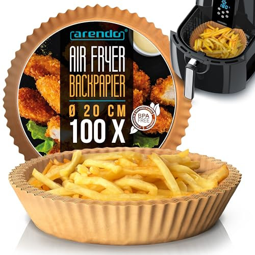 Papier Cuisson Air Fryer, Papier sulfurisé de cuisson pour Friteuses sans huile 100 pièces Food-Grade Rond 20 x 20 x 4,5 cm, Résistant à l’eau et à l’huile, Airfryer Fours Micro-ondes Cuiseurs Vapeur