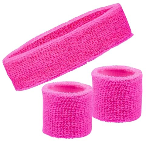 FNA FASHIONS® Neon Sweatbands Set – 80s Retro Headband & Wristbands | Sports Sweatband for Men & Women | Gym, Workout, Running, Tennis, Cycling, Basketball, Yoga & Fancy Dress Accessories