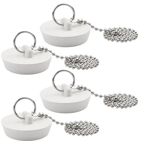 4Pcs Tub Stopper,Bathtub Drain Stopper with Hanging Ring 15 Inches Stainless Steel Beaded Chain, White Rubber Sink Stopper Bathtub Plug for Kitchen Bathroom Shower Laundry