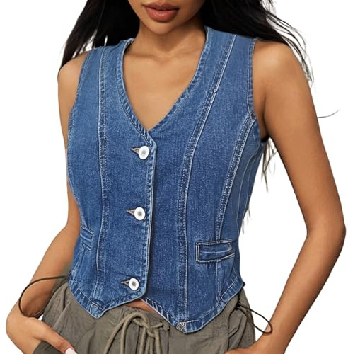 Generisch Camiseta de tirantes para mujer, monocolor, lavado vaquero, chaleco sin mangas, chaqueta de moda