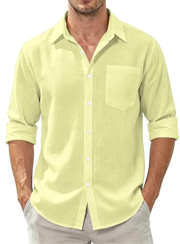 Dybycit Men's Cotton Linen Shirts Long Sleeve Regular Fit Lightweight Solid Color Summer Beach Shirt